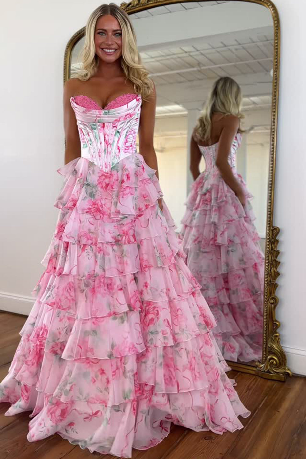 Cute A Line Sweetheart Pink Floral Chiffon Prom Dress with Slit VK15112702