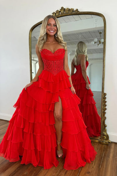 A Line Sweetheart Red Chiffon Long Prom Dress with Appliques VK160401