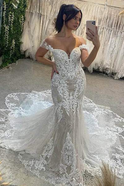 Mermaid Off the Shoulder Lace Wedding Dresses with Train VK23091109