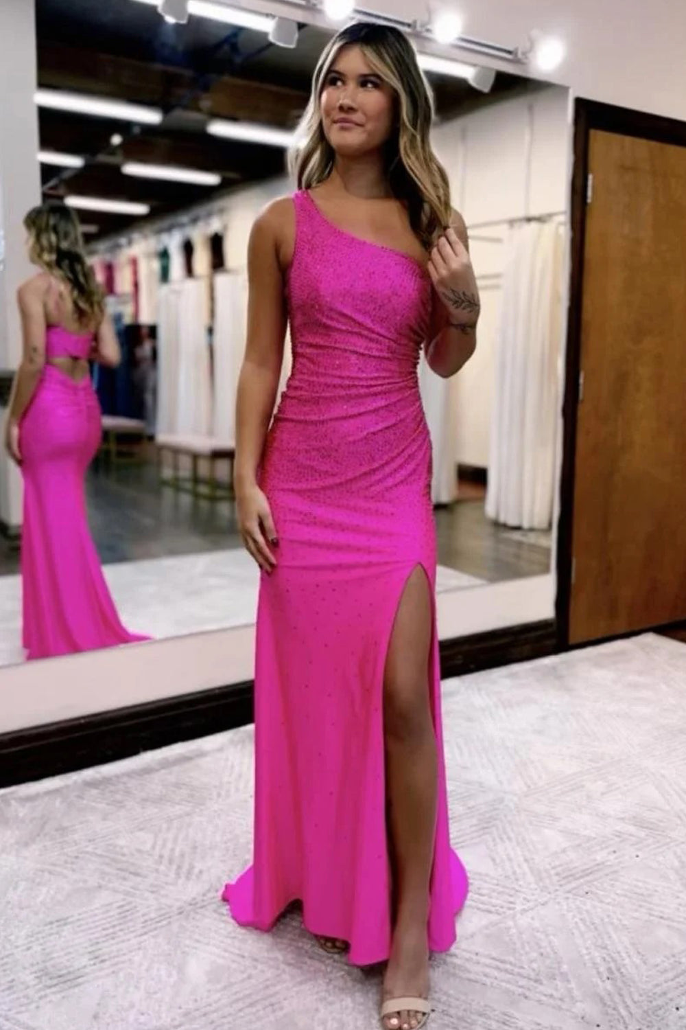 One Shoulder Satin Prom Dress with Slit Red
