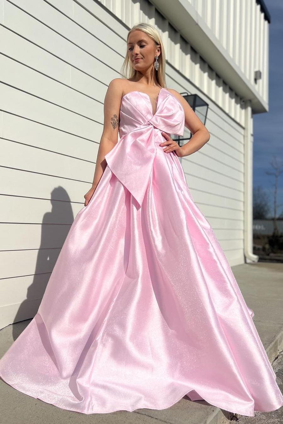 Cute Ball Gown V Neck Satin Prom Dress with Bow