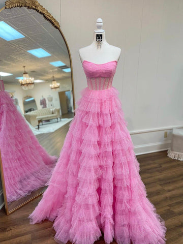 Cute A Line Strapless Glitter Tulle Long Prom Dresses