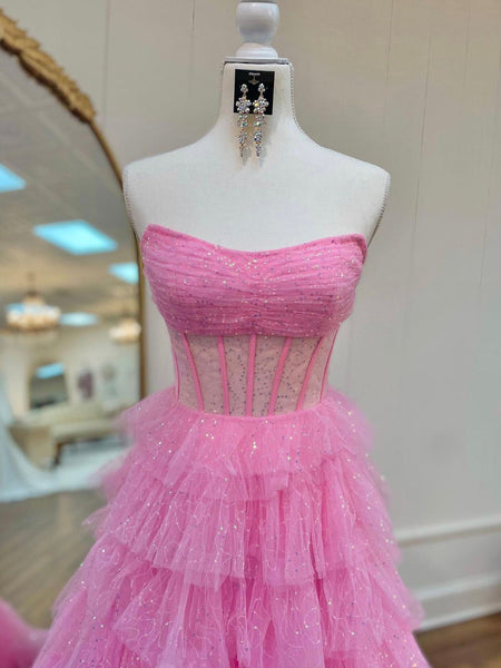 Cute A Line Strapless Glitter Tulle Long Prom Dresses