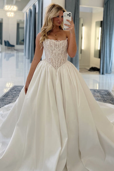 Strapless A Line Satin Wedding Dresses Sweetheart Corset Lace Bridal Wedding Gowns