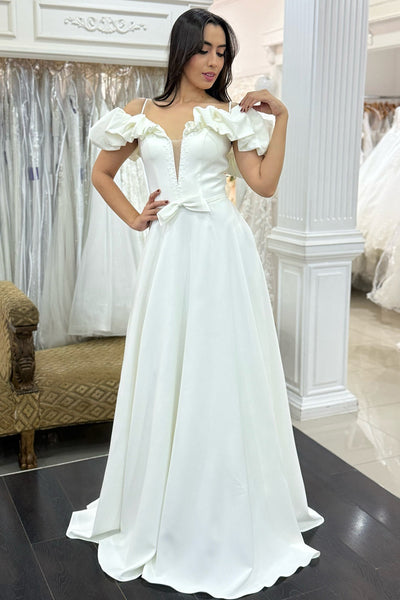 Plus Size Satin A Line Wedding Dresses Elegant Off Shoulder Wedding Gowns for Bride