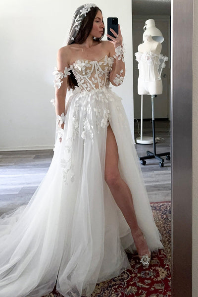 Sweetheart A Line Boho Wedding Dresses Tulle 3d Flowers Wedding Gowns for Bride
