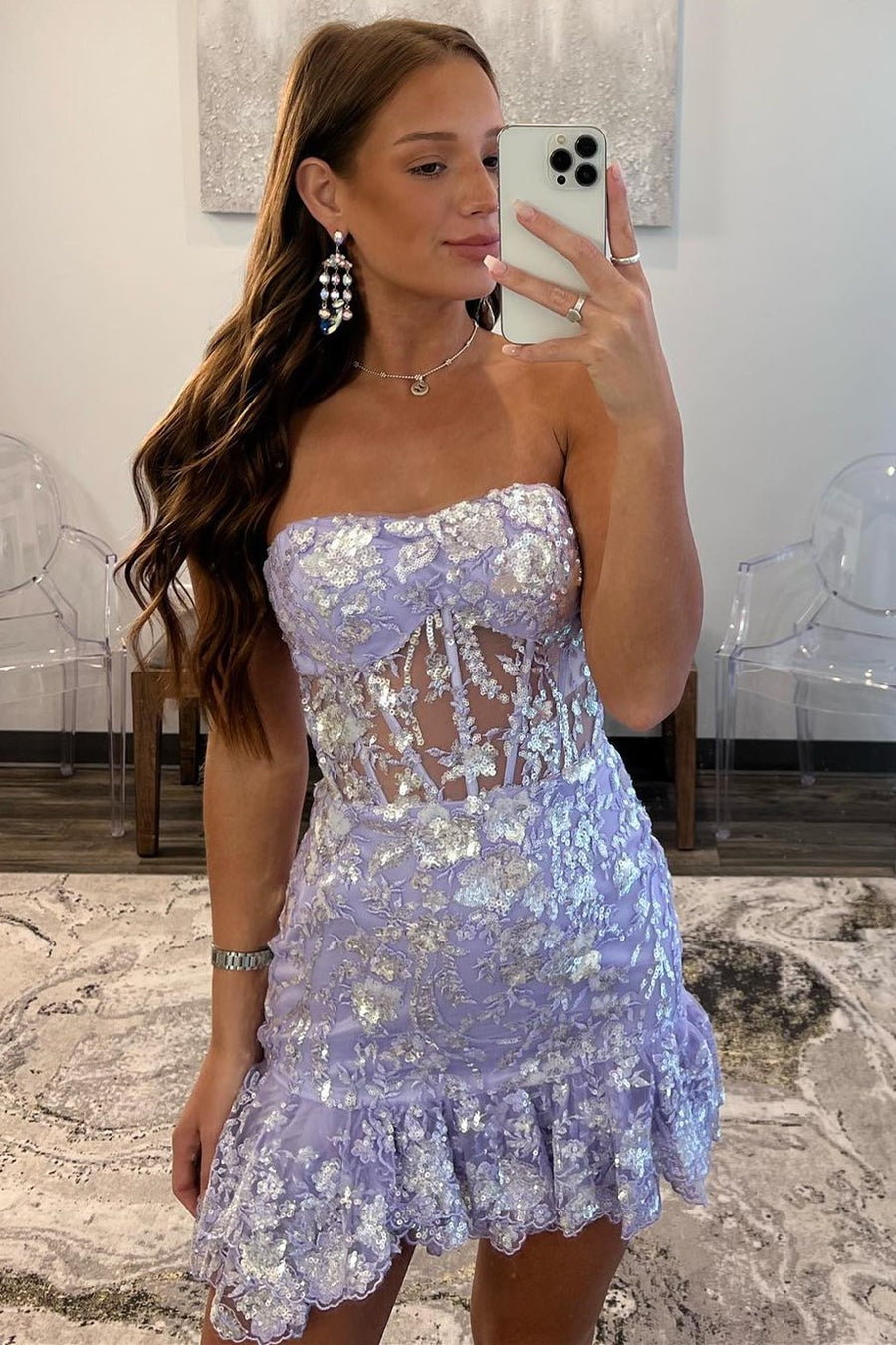 Lilac Sequin Lace Strapless Sheer Bodice Short Gown with Ruffles VK23080707