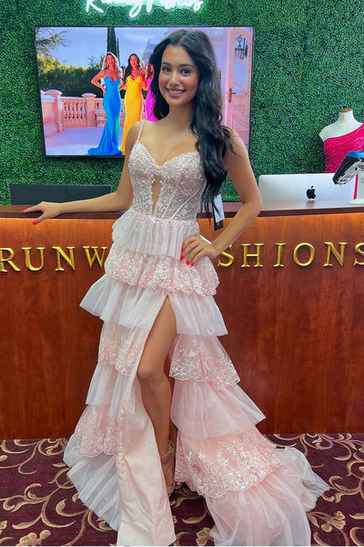 Cute A Line Sweetheart Blush Pink Tulle Tiered Prom Dresses