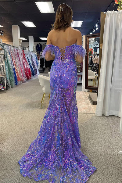 Charming Mermaid Off the Shoulder Light Purple Sequin Prom Dress VK1322805-2