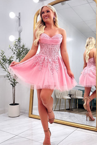 Cute A Line Sweetheart Pink Tulle Homecoming Dress with Appliques VK26080805