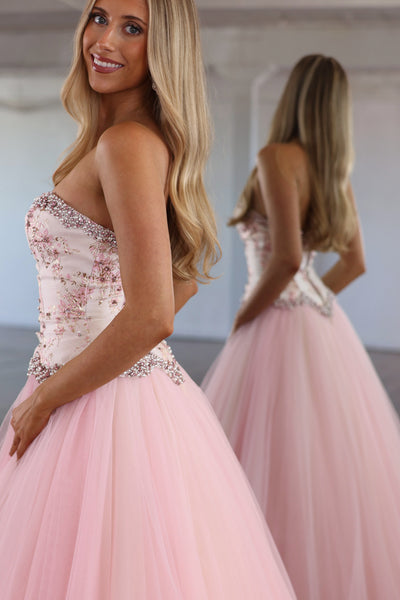 Cute A-Line Sweetheart Blush Pink Tulle Long Prom Dress with Beading VK26102605