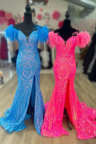 Glittering Glamour Mermaid Off the Shoulder Hot Pink/Blue Long Prom Dress with Feather VK23092308