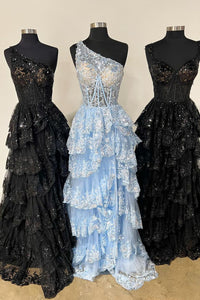 Cute Sparkly A Line One Shoulder Light Blue Long Prom Dresses with Slit VK23050303