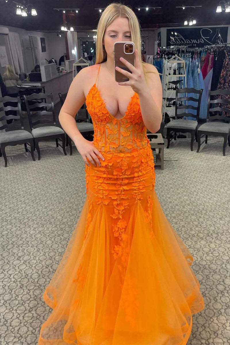 Cute Mermaid V Neck Tulle Orange Prom Dresses with Lace VK121304