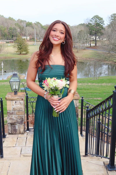 Forest Green Satin Strapless A-Line Maxi Dress VK26031527