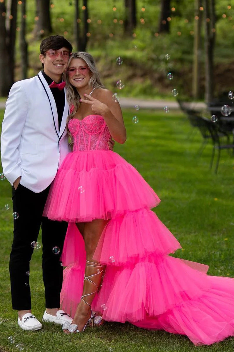 Cute Ball Gown Strapless Hot Pink Tulle High Low Prom Dresses with Lace VK23050508