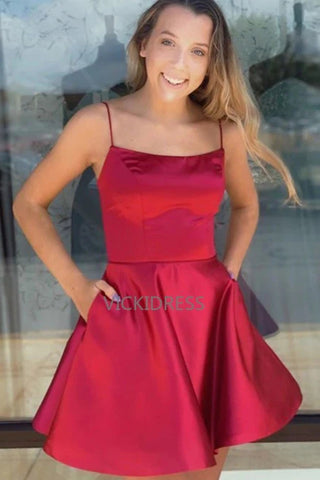 Fancy Spaghetti Straps Semi Formal Burgundy Homecoming Dress with Pockets VK0116004