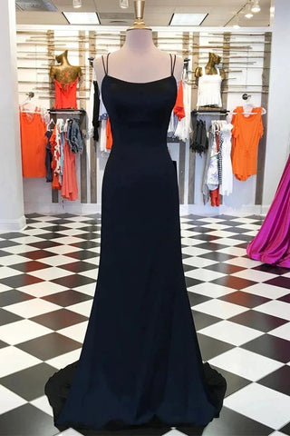 Simple Sheath Scoop Neck Cross Back Black Satin Long Prom Dresses VK0112031