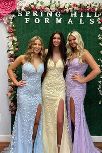 Charming Mermaid V Neck Lavender Lace Long Prom Dresses with Slit VK121204