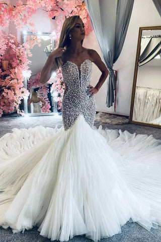 Gorgeous Luxurious Strapless Mermaid Beading Wedding Dresses VK082205