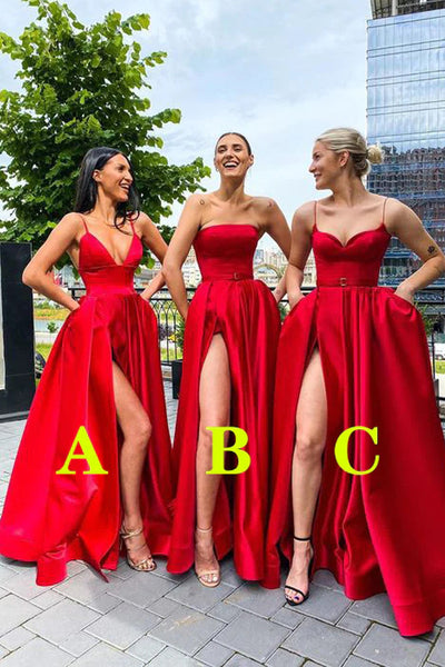 A-Line Red Satin Side Slit Long Prom Evening Dresses VK0708001