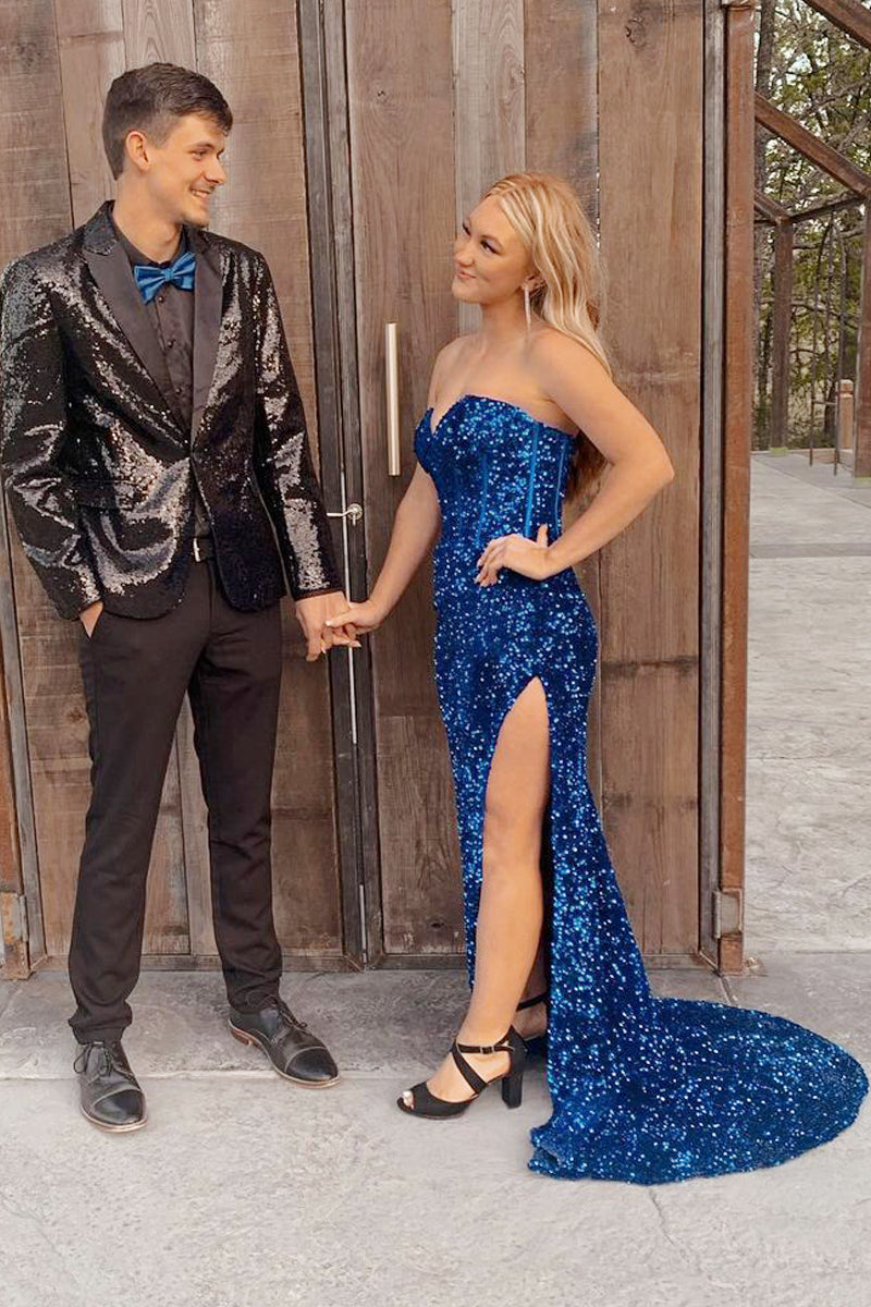 Cute Mermaid Sweetheart Royal Blue Sequins Long Prom Dresses with Slit VK23051705