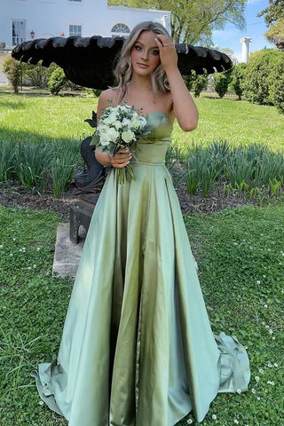 Sweetheart A Line Sage Green Satin Long Prom Dresses VK072901