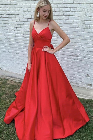 Elegant A Line V Neck Red Long Prom Dresses Formal Graduation Evening Dresses VK0118014