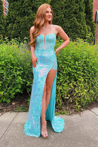Cute Mermaid Straps Blue Sequins Long Prom Dresses with Lace VK112503