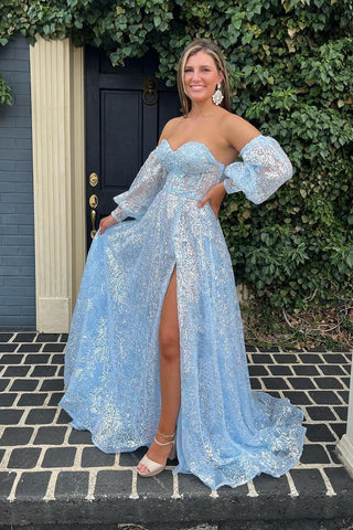Cute A Line Sweetheart Light Blue Sequins Lace Prom Dresses with Detachable Sleeves VK122804