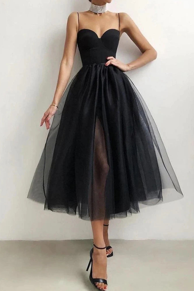 Chic A-Line Sweetheart Black Tulle Midi Prom Evening Dresses,Little Black Party Dresses VK0606008