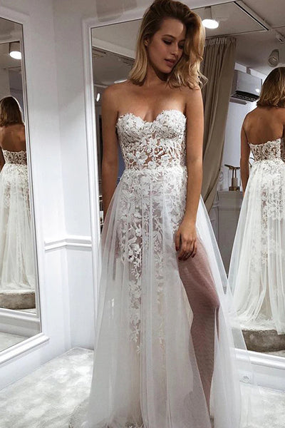 Charming A-Line Sweetheart White Lace Beach Wedding Dresses with Slit 2021 VK0501004