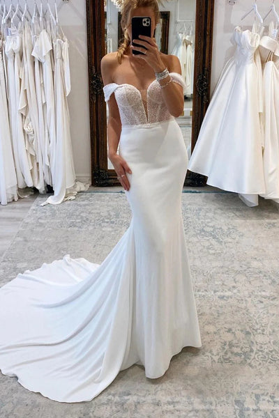 Charming Mermaid Off the Shoulder Satin Long Wedding Dresses with Beading VK23052601