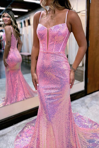 Cute Sparkly Mermaid Sweetheart Pink Sequins Long Prom Dresses VK23051203