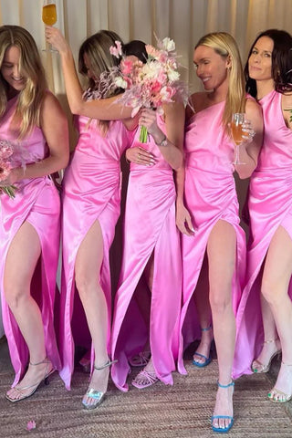 Fashion Sheath One Shoulder Pink Saitn Bridesmaid Dresses VK23050908