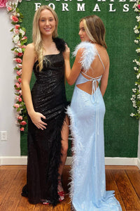 Charming Sheath One Shoulder Sequins Prom Dresses with Feather VK23011705