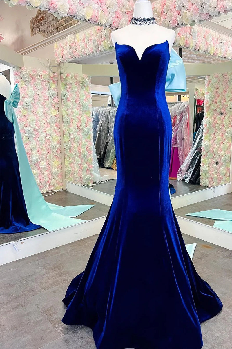 Cute Mermaid V Neck Royal Blue Velvet Long Prom Dresses with Bow VK112303