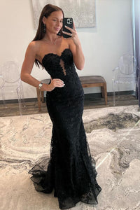 Black Sweetheart Lace Appliques Mermaid Long Prom Dresses VK23112508