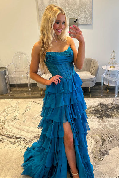 Gorgeous A Line Scoop Neck Chiffon Tiered Prom Dresses with Slit VK25111901