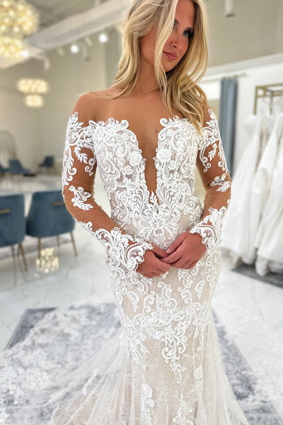Bohemian Mermaid Off the Shoulder Lace Wedding Dress with Long Sleeves VK25072401