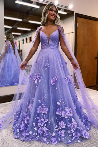 A-Line Lavender 3D Floral Lace Long Prom Dresses with Train VK23103104