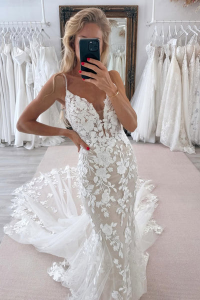 Mermaid V Neck Lace Long Wedding Dress VK25053105