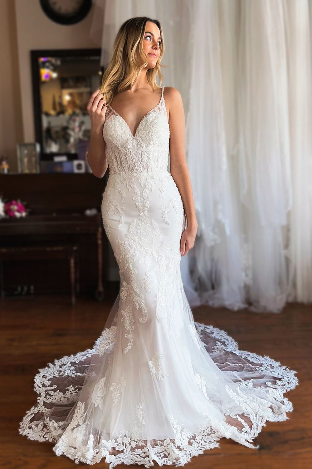 Romantic Mermaid V Neck Lace Long Wedding Dresses VK24102812