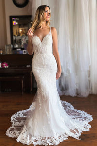 Romantic Mermaid V Neck Lace Long Wedding Dresses VK24102812