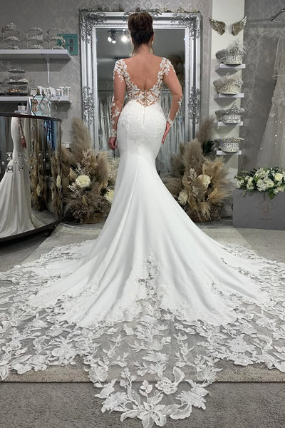 Gorgeous Mermaid V Neck Elastic Satin Wedding Dresses with Appliques VK25051704