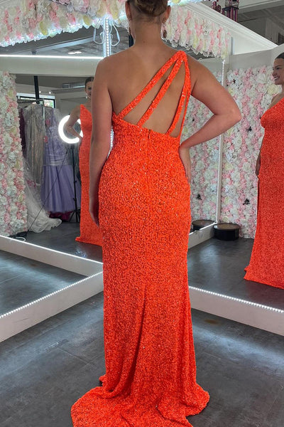 Sparkly Mermaid One Shoulder Orange Silk Satin Long Prom Dresses with Slit VK23080604