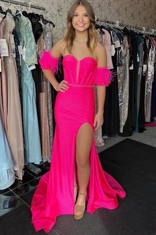 Cute Mermaid Sweetheart Hot Pink Satin Prom Dresses with Slit VK3010305