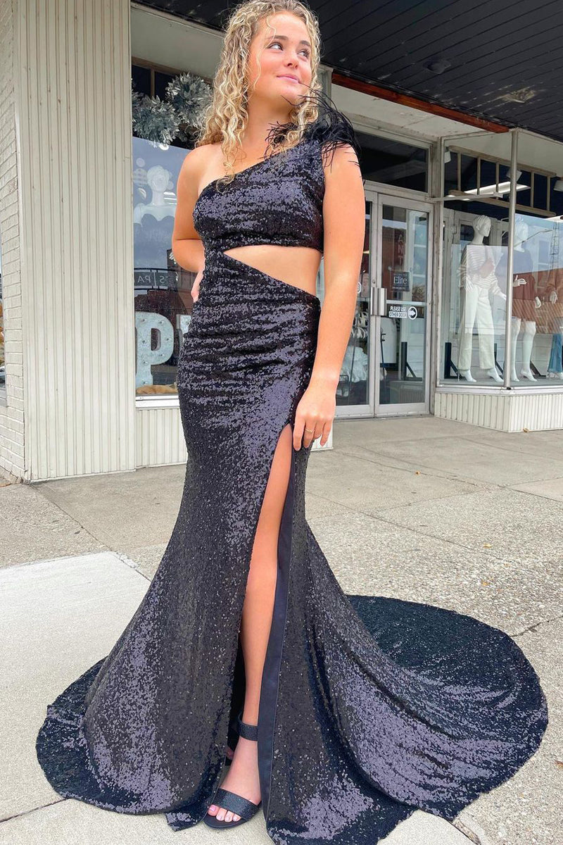 Charming Mermaid One Shoulder Black Sequins Long Prom Dresses with Slit VK10302
