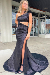 Charming Mermaid One Shoulder Black Sequins Long Prom Dresses with Slit VK10302