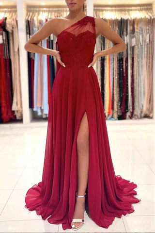 Gorgeous Red one shoulder chiffon lace long prom dress, red evening dress VK220302001